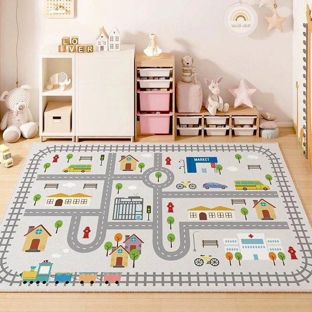 JGJG Kinder Krabbelmatte mit Autostrecken-Design, waschbare Spielmatte für Kinderzimmer und Wohnzimmer, B/H: 90 x 60 cm, Mehrfarbig - Bild 1