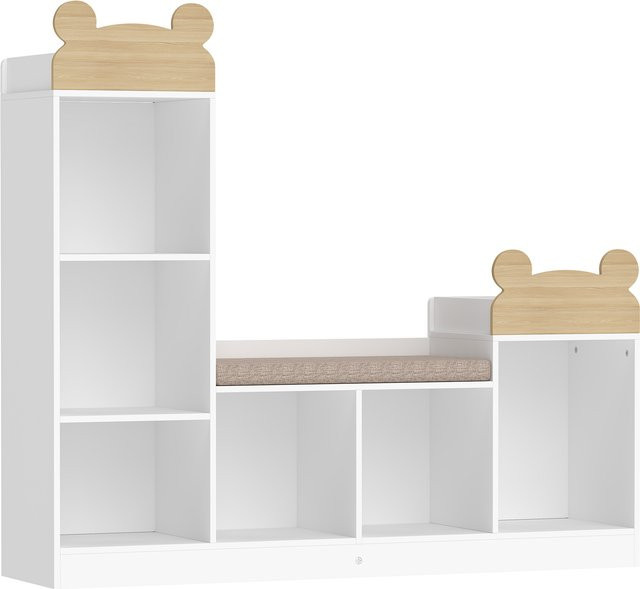 AIYAPLAY Kinderregal mit Leseecke und Bank, 3-in-1 Aufbewahrungsmöbel mit 6 Fächern und Sitzkissen, Weiß, B/T/H: 121 x 30 x 106 cm - Bild 1
