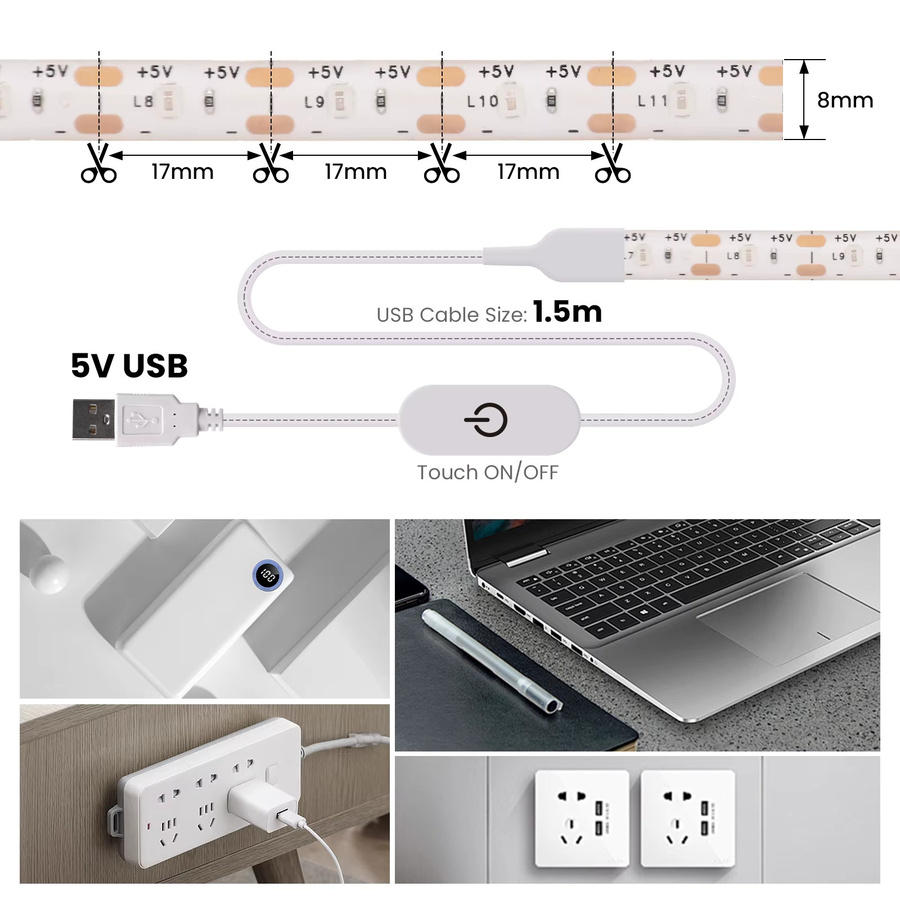 HEGEHE USB-LED-Streifen zur TV-Hintergrundbeleuchtung mit Touch-Dimmer, DC 5V, Farben: Weiß, Warmweiß und Blau - Bild 3