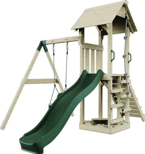 PolarPlay Spielturm Göteborg aus Holz mit Rutsche und Babyschaukel in Grün - Bild 1