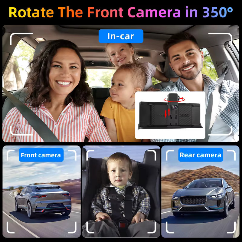 Jansite 4K Dashcam mit 10,26 Zoll Display, kabellosem CarPlay und Android Auto, GPS-Navigation und 350 Grad drehbarer Linse, Rückfahrkamera, Schwarz - Bild 4