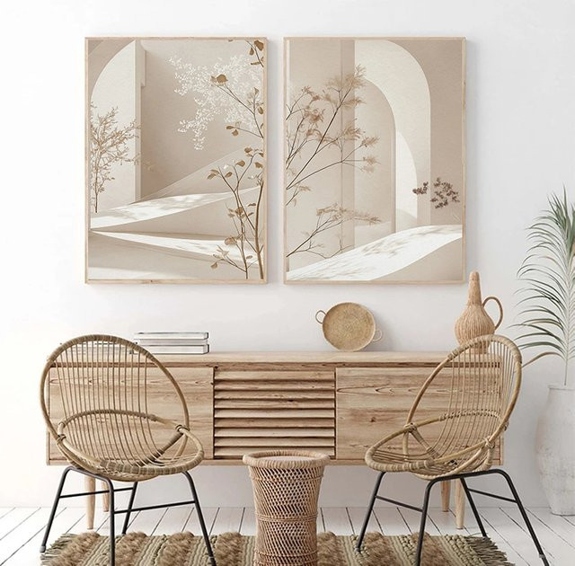 Potdemiel Leinwandgemälde Minimalistischer Bogen mit Landschaft und Blumen in Beige - Bild 1