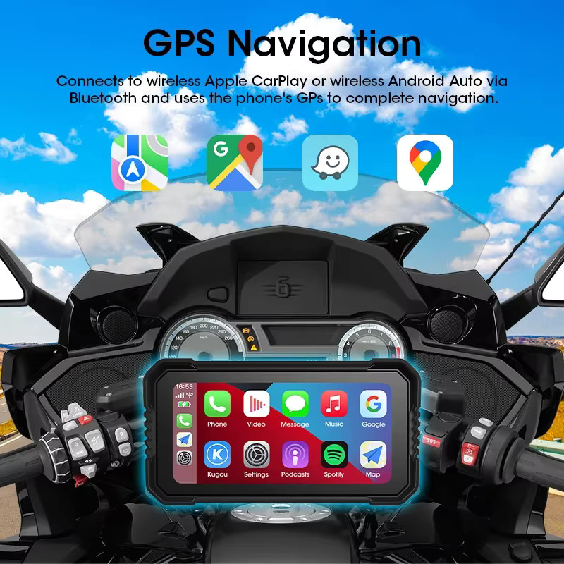 JMCQ Motorrad DVR mit 6,25 Zoll Display, GPS Navigation, Wireless CarPlay und Android Auto, IPX7 wasserdicht, Schwarz - Bild 3