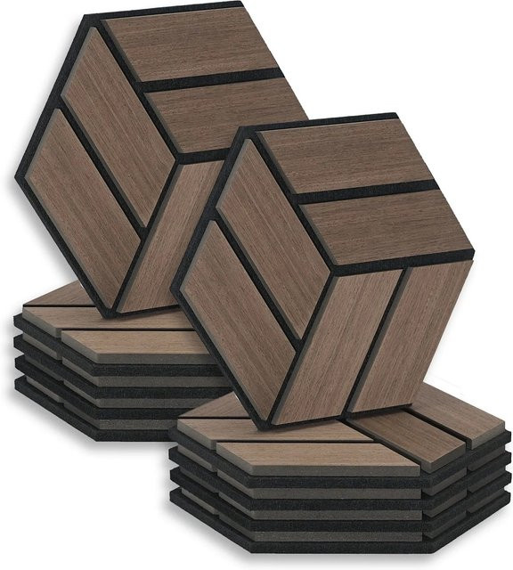 Homestyle4u Akustikpaneele Hexagon Wandpaneele aus MDF in Braun, 10 Stück, B: 30 cm, H: 26 cm - Bild 1