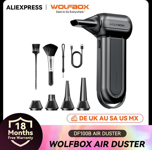 WOLFBOX DF100 MF100 Tragbarer kabelloser Luftgebläse-Staubentferner in Schwarz mit einstellbarer Geschwindigkeit für Auto, PC und Zuhause - Bild 1