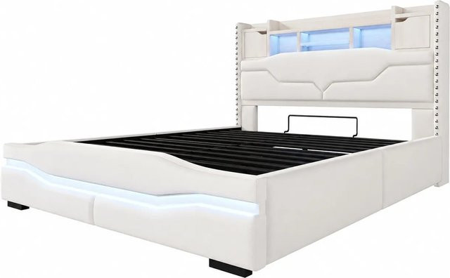 okwish Polsterbett Beige mit LED, USB-Anschluss und Hydraulik-Staufach, B/T/H: 160 x 200 x 111 cm - Bild 1