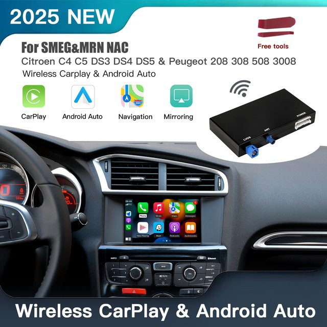 CARABC Wireless Apple CarPlay und Android Auto Adapter für Peugeot und Citroen SMEG MRN NAC inklusive Rückfahrkamera in Schwarz - Bild 1