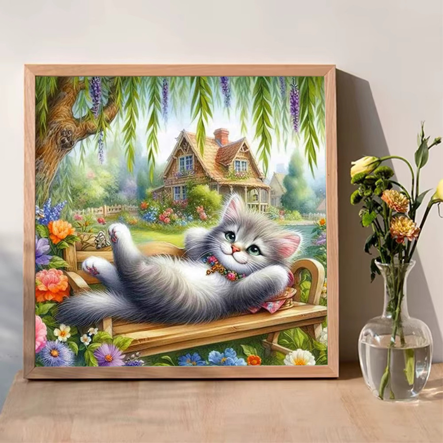 EverShine Diamant-Gemälde mit floralem Katzenmotiv, rund, Acryl, Multicolour, Durchmesser: 20 cm - Bild 3