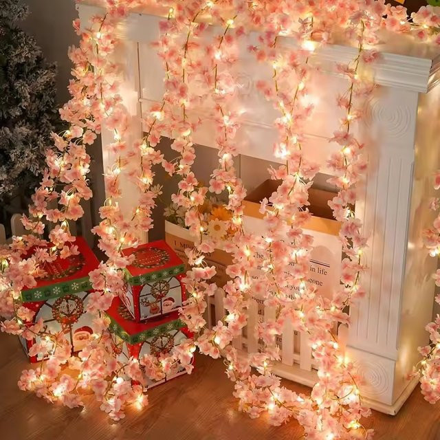 OKAL RED EAST Künstliche Kirschblüten-Weinreben-Lichterkette in Pink mit warmweißem Licht für Garten, Hochzeit und Party - Bild 1