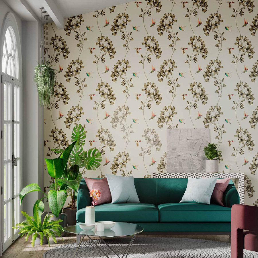 Harlequin Tapete Amazilia in Stone/Gold mit botanischem und floralem Vintage-Design aus Vlies - Bild 1