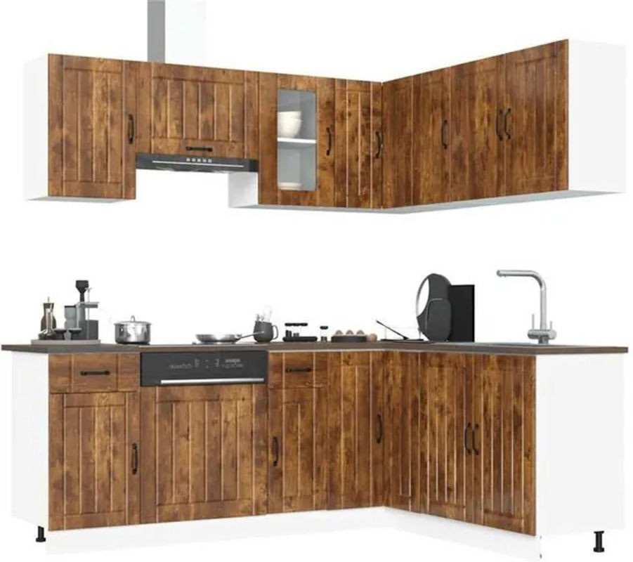 Vidaxl Küchenschrank-Set Lucca Küchenzeile im Landhausstil aus Holzwerkstoff und Glas, Braun - Bild 1
