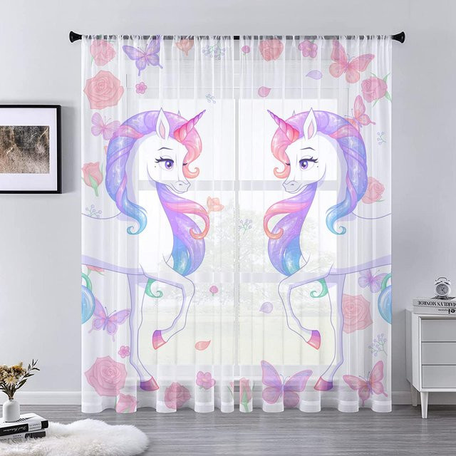 Cartoon Einhorn Tüllvorhang mit Sternen und Regenbogen, transparent, mehrfarbig, B: 100 cm, H: 250 cm - Bild 1