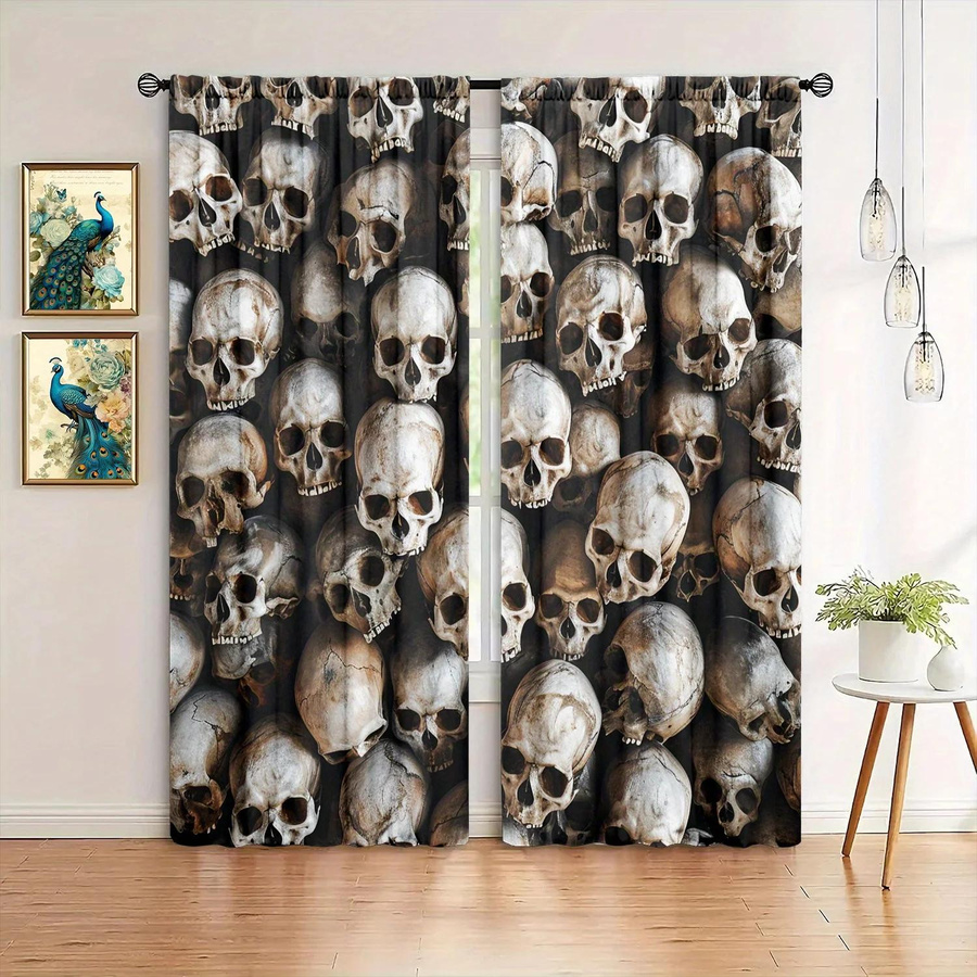2er-Set Totenkopf Vorhang mit Grafikdruck, halbtransparent, modern, B: 52,5 cm, H: 116 cm, Haushalt Supplies MH - Bild 3