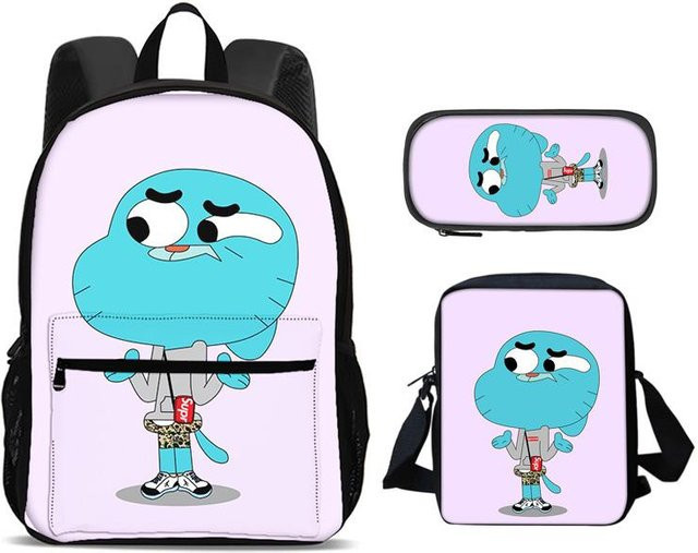 Fancy Style Studio Gumball 3er Set aus Rucksack, Federmäppchen und Umhängetasche mit Cartoon Anime Aufdruck für Schüler in Multicolour - Bild 1