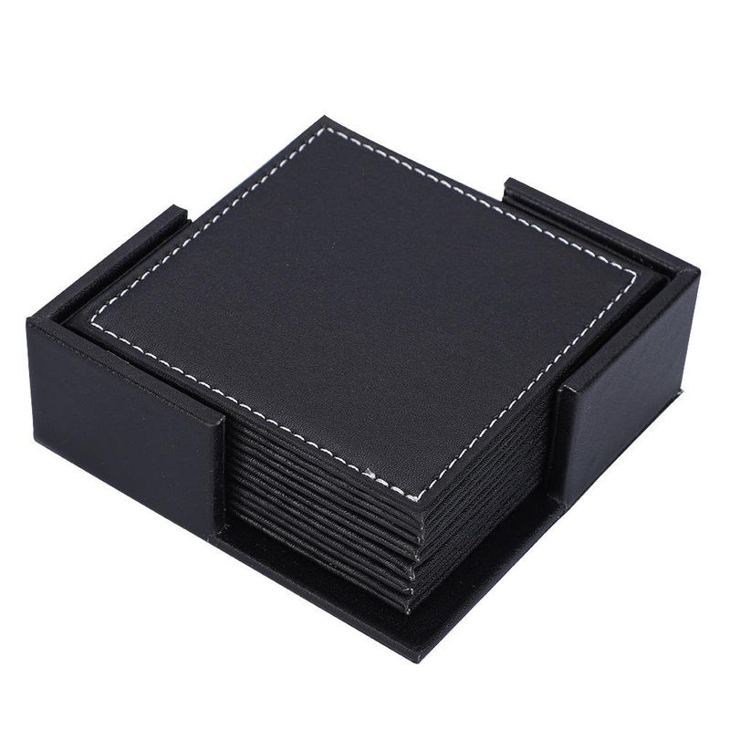 CosyHome Getränkeuntersetzer Set aus PU Leder mit Halter, 6 Stück, quadratisch, Schwarz - Bild 6