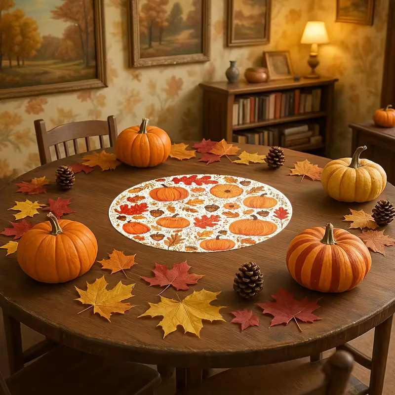VIKAMA 4er Set Halloween Tischsets mit Kürbis und Eichel Motiv in Mehrfarben, rund, Herbst Dekoration - Bild 3