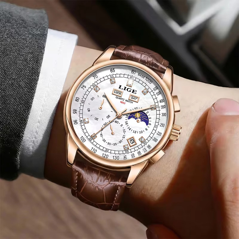 LIGE Chronograph Herrenuhr, Quarz, Leder, Roségold, Weiß - Bild 3