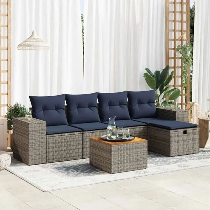 6-tlg. Garten-Sofagarnitur mit Kissen aus Polyrattan und Stahl in Grau von vidaxl - Bild 1
