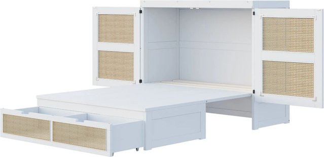 Merax Schrankbett mit Rattan-Design und Stauraum in Weiß und Grau, B/T/H: 140 x 200 cm - Bild 1