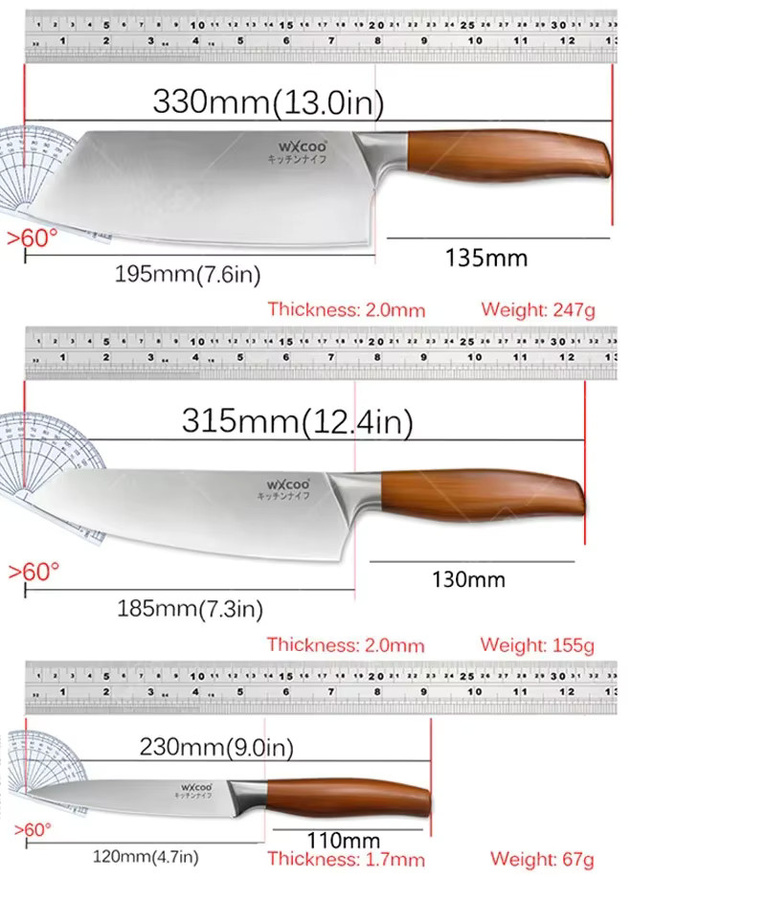 WXCOO Profi Küchenmesser-Set aus Edelstahl in Silber mit Holzdetails inklusive Schere, Schäler und Schneidebrett - Bild 6