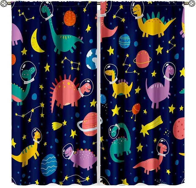 2er-Set Dinosaurier Vorhänge mit Cartoon Tier Design in Blau, halbtransparent für Kinderzimmer, Breite: 150 cm, Höhe: 166 cm - Bild 1