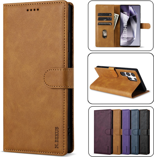 Business Leder Handyhülle für Samsung Galaxy S26 S25 S24 S23 Ultra S22 S21 FE S20 S10 Plus Note20 Flip Kartenetui mit Brieftaschenfunktion in Blau oder Braun - Bild 1