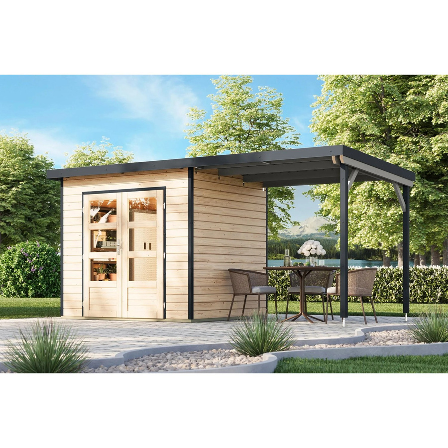 Karibu Gartenhaus Domingo 2 A mit Anbaudach in Natur-Anthrazit - Bild 2