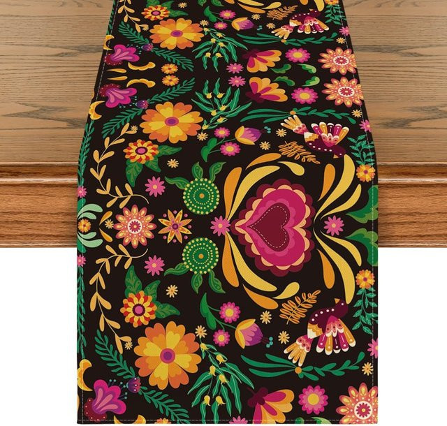 JINGYUE Pet Tischläufer Mexiko Fiesta Dia De Los Muertos aus Leinen, Mehrfarbig, B/H: 33 x 150 cm - Bild 1