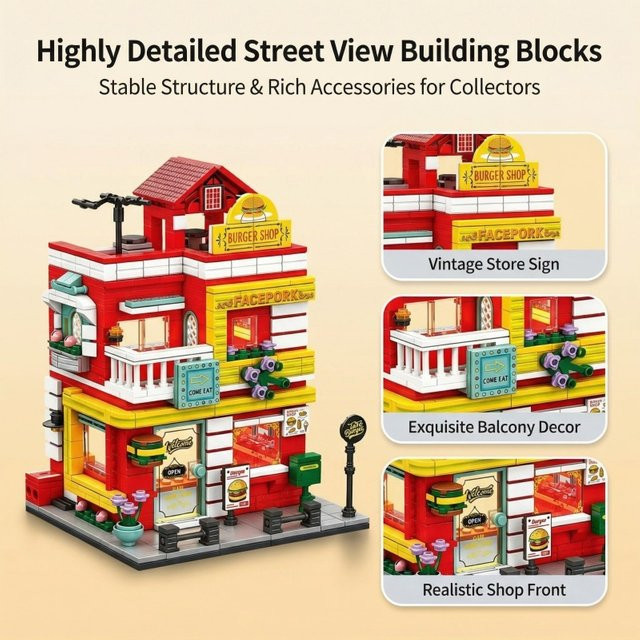 CACO BLOCKS Straßenszenen-Bausteinset, Einkaufszentrum, Burgerladen, Vintage-Café, Stadthausmodelle - Bild 1