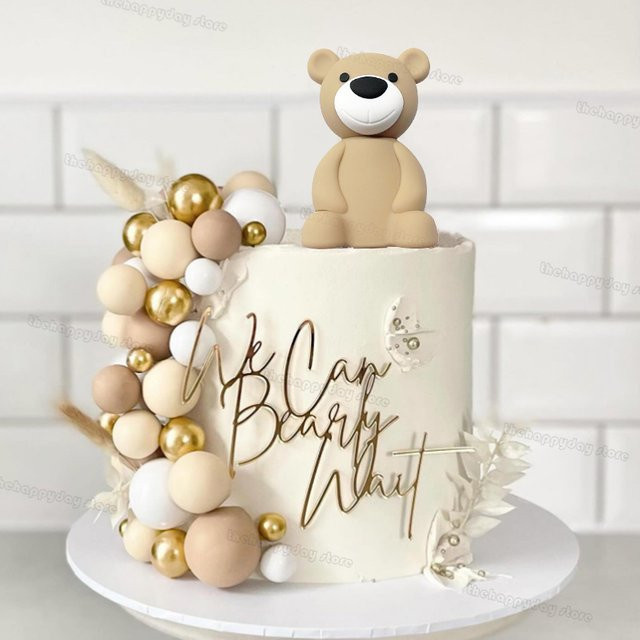 41 Stück Kuchendekoration Set in Cremebraun und Gold für Boho Geburtstag und Babyparty mit Bärenthema - Bild 1