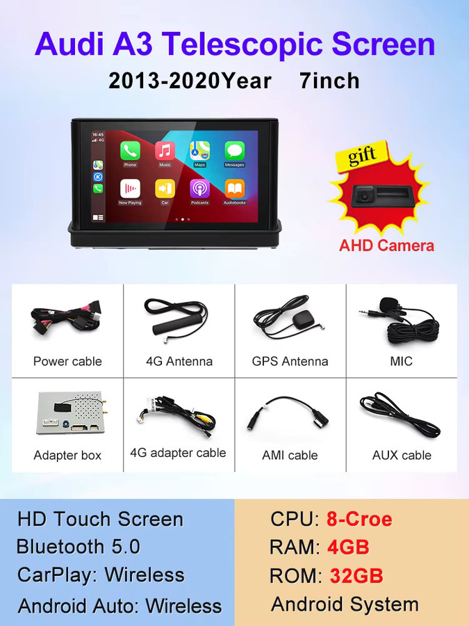 STWEI Android 13 Multimedia Autoradio mit 7 Zoll Lift-Funktion, 8 Core, Carplay und GPS für Audi A3 (Baujahre 2013-2018), Schwarz - Bild 4