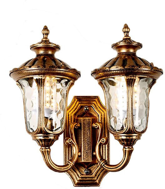 Wecus Retro Außenwandlampe Doppelkopf aus Aluminium in Gold/Messing mit transparentem Glas für Garten und Balkon - Bild 1