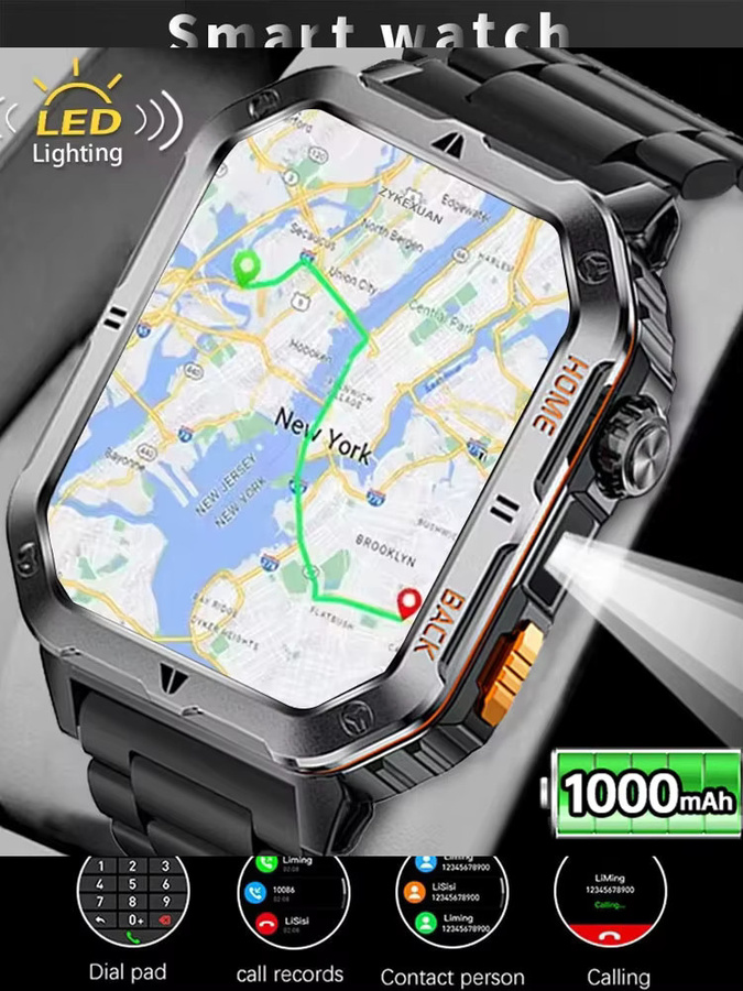 BOALZETD Smartwatch mit 2,01 Zoll Display, GPS, LED Taschenlampe und 3ATM Wasserdichtigkeit in Schwarz - Bild 6