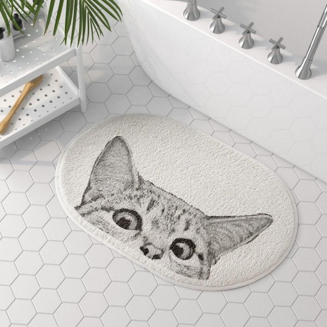 VIKAMA Bodenmatte mit niedlichem Katzen-Motiv, weicher Plüsch-Teppich aus Mikrofaser, Farbe: Weiß, B/T: 60 x 90 cm - Bild 1