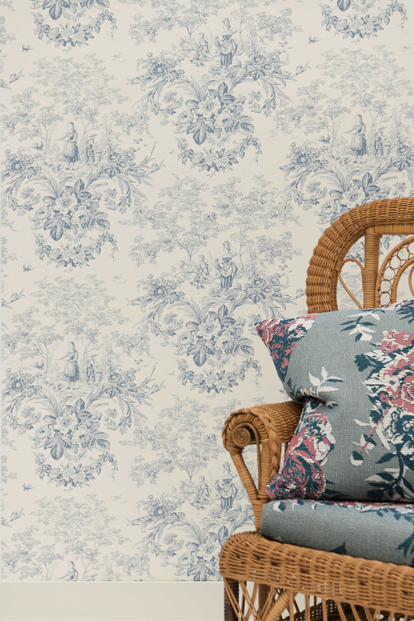 Quenin Tapete Beaux Jours Faience in Blau mit floralem Vintage-Design aus Vlies - Bild 1