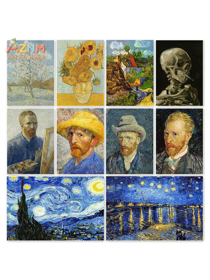 AZNM Van Gogh Klassische Ölgemälde Wandkunst als Rahmenlose Leinwand mit Sternennacht, Sonnenblumen und Selbstporträt in Mehrfarbig - Bild 5
