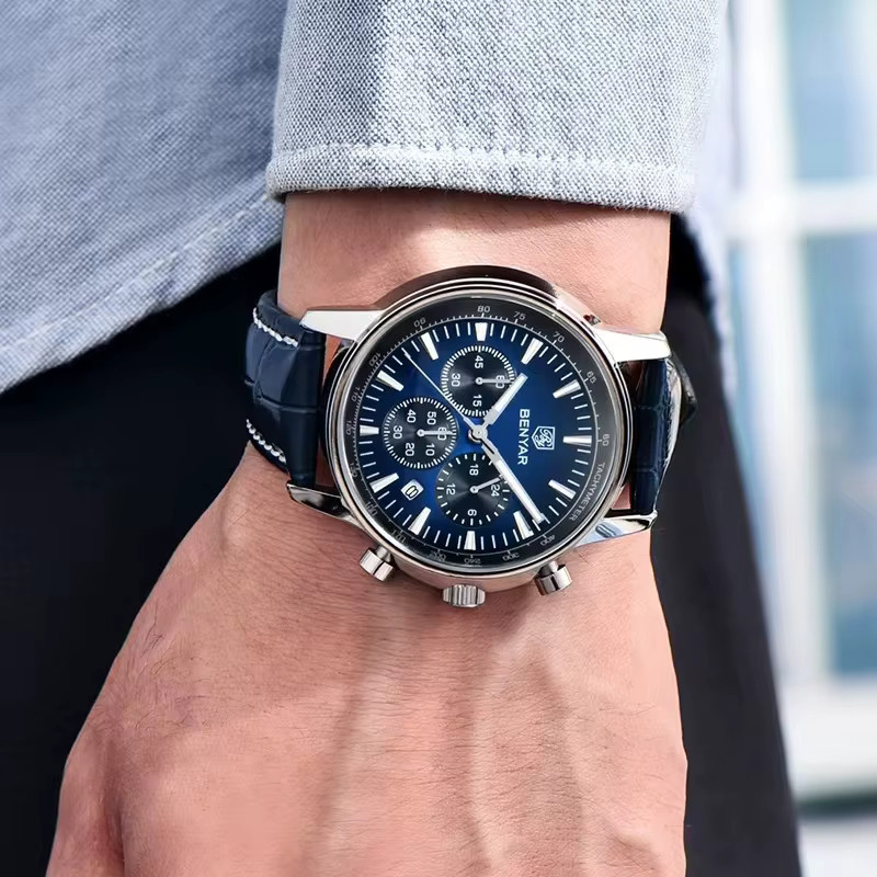 Benyar Chronograph, Quarz, Leder, Edelstahl, Silber, Herren - Bild 3