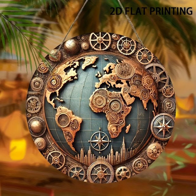 Steampunk-Weltkarte Wanddekoration Potdemiel aus Holz, rund, Durchmesser: 20,32 cm - Bild 1