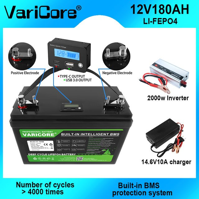 VariCore LiFePO4 Batteriepack 12V 180Ah mit 4S BMS in Schwarz für Wohnmobile, Golfcarts und Solarstromspeicher - Bild 1