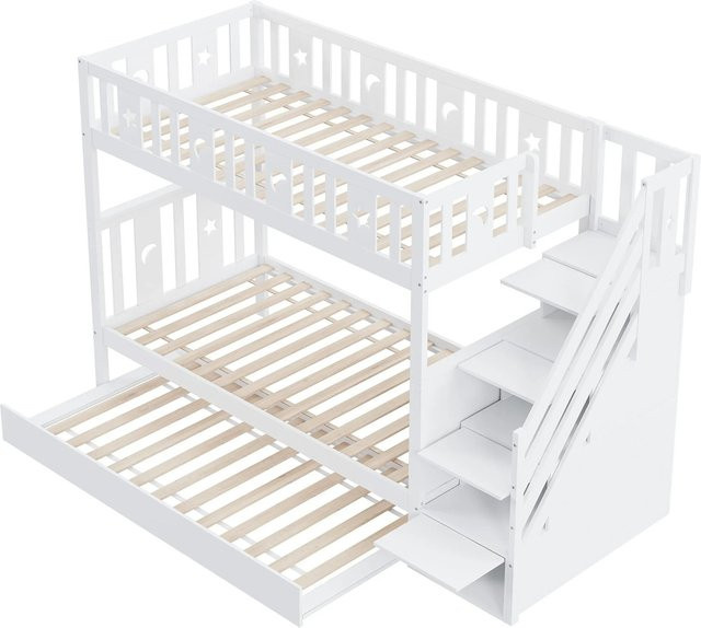 Merax Etagenbett für Kinder mit Ausziehbett und Treppe in Weiß - Bild 1