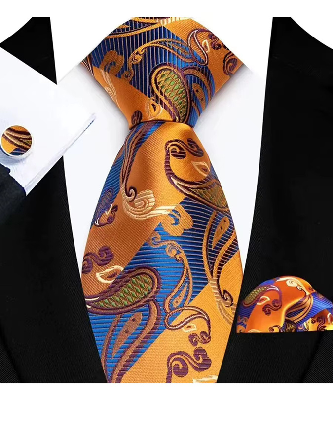 YISHLINE Krawatte, Einstecktuch, Manschettenknöpfe Set, Orange Braun, Herren - Bild 3