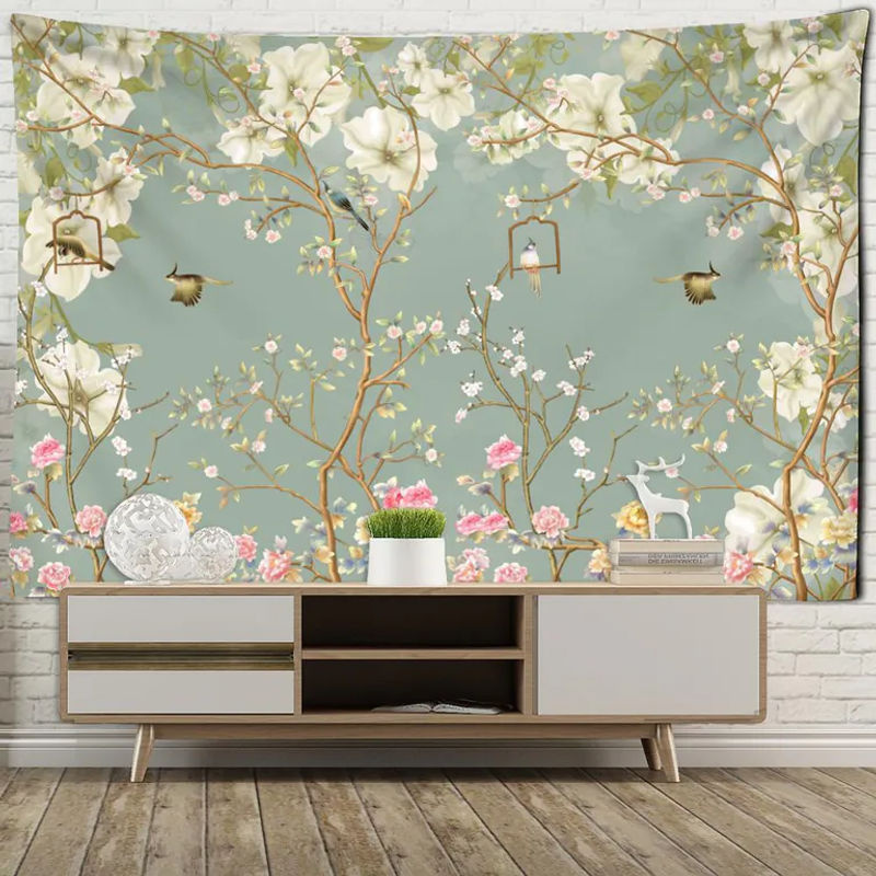 Super Six Wandbehang im Bohemian Stil mit Blumen und Vögeln in Grün, Textil-Wanddekoration, Breite: 95 cm, Höhe: 70 cm - Bild 2