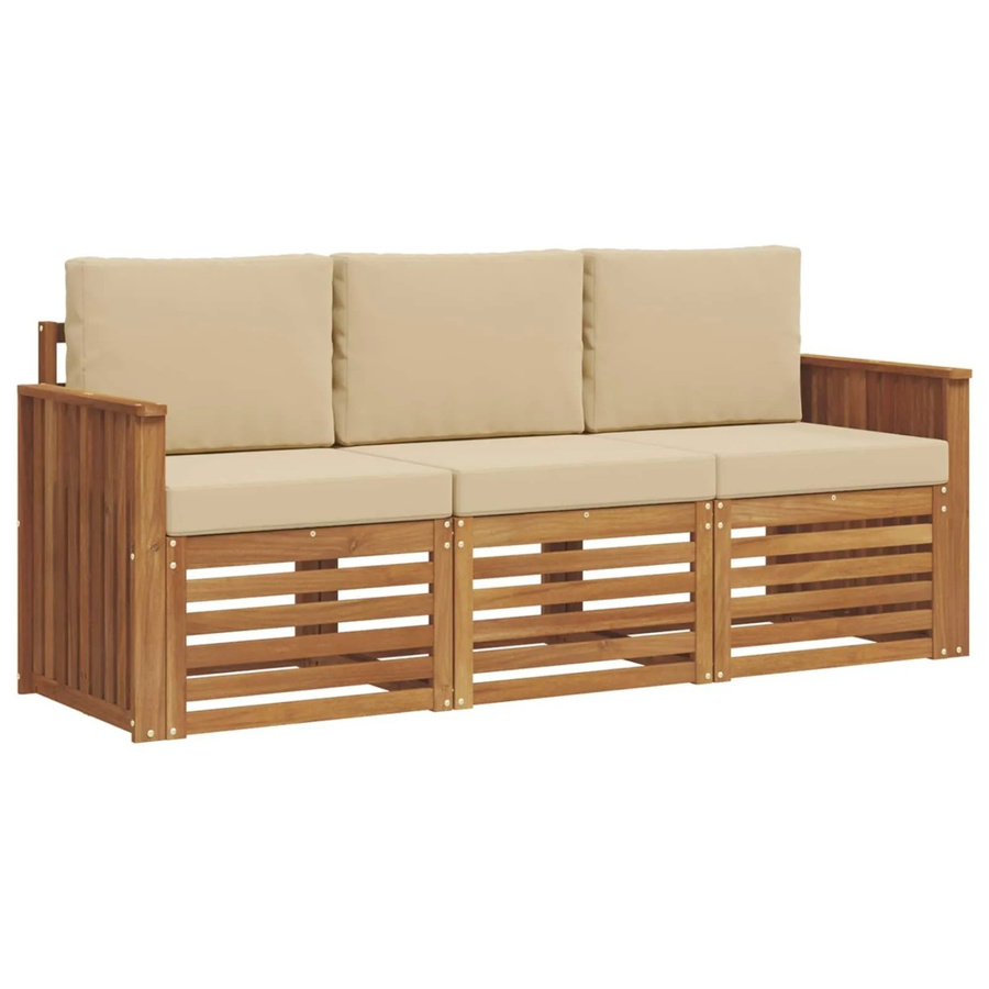 vidaXL Sofagarnitur 3-teilig aus Massivholz Akazie in Natur und Beige mit Sitz- und Rückenkissen - Bild 2