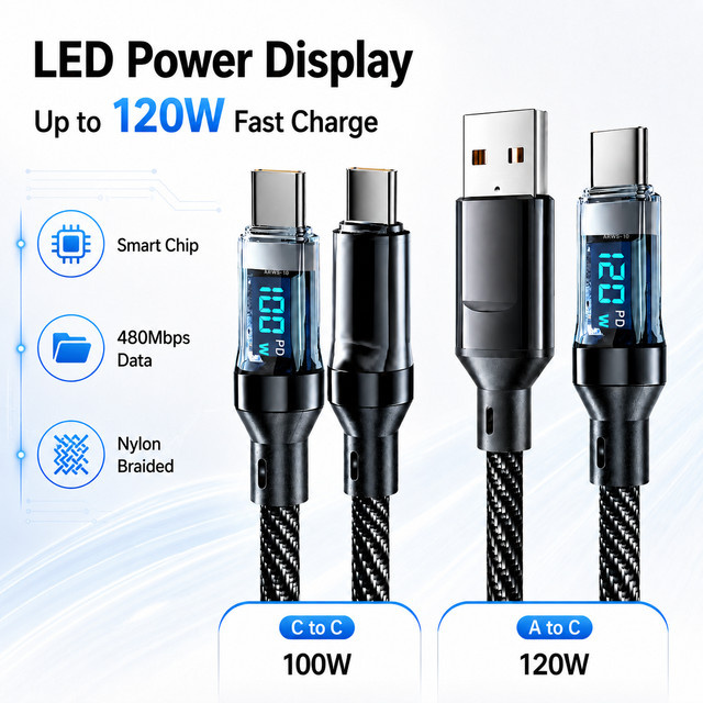 USB-A zu USB-C Ladekabel mit 120W PD Schnellladung und LED-Leistungsanzeige, Nylon-Ummanteltes Typ-C-Kabel mit 480Mbps Datensynchronisation, Schwarz - Bild 1