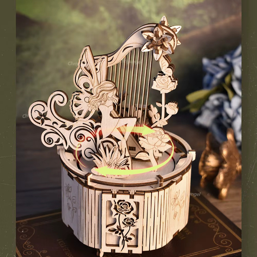 Chriyungel 3D-Puzzle Holz-Musikbox mit Feen-Motiv in Natur/Holzfarben, DIY-Montage-Set als kreatives Bastelset für Erwachsene und Jugendliche - Bild 3