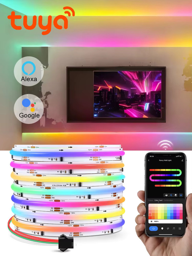 Rybakov Tuya WiFi COB RGBIC LED Streifen mit RF Fernbedienung und Musik Sync, Multicolour, 12V - Bild 5