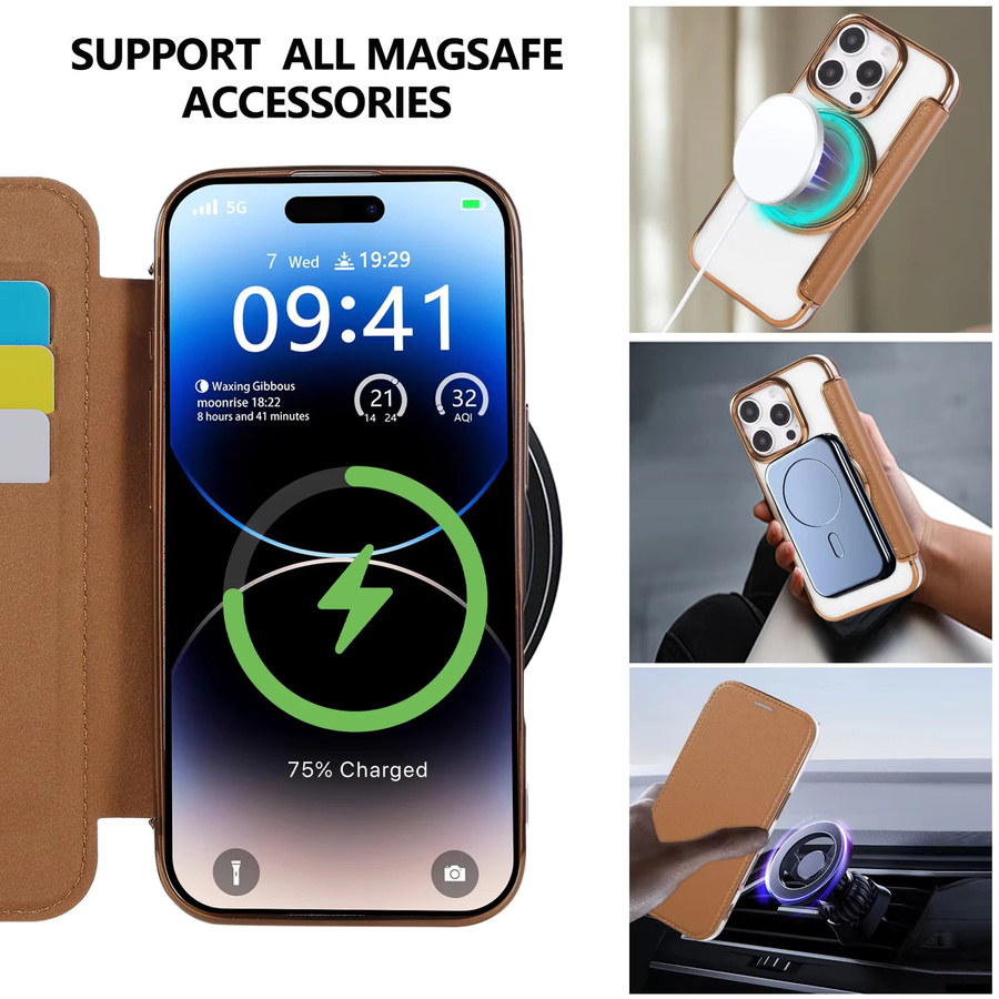 Magnetische Ledertasche mit 360 Grad drehbarem Ständer und LED-Funktion als Flip-Cover für iPhone 12 bis iPhone 17 Air in Pink und Braun - Bild 4