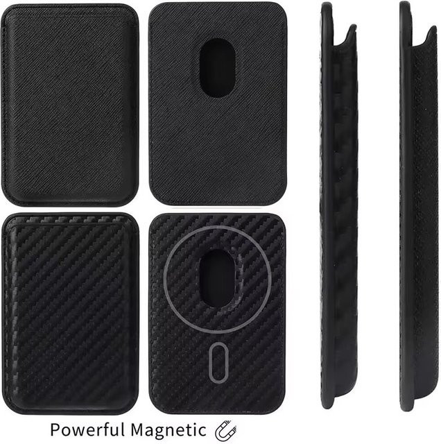 Magnetischer Kartenhalter für MagSafe iPhone und Samsung in Schwarz aus Kohlefaser und Lychee Saffiano Leder - Bild 1