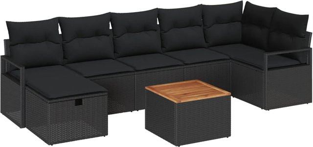 vidaXL Garten-Sofa-Set aus Polyrattan in Schwarz, 8-teiliges L-Shape Lounge-Set mit Kissen und Ottoman für Garten und Terrasse - Bild 1