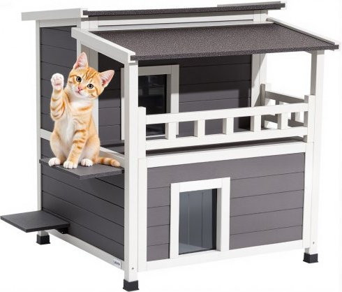 VEVOR Isolierte Katzenhaus aus Tannenholz mit 2 Etagen und Balkon, wetterfestes Katzenhaus für drinnen und draußen, B/T/H: 84 x 75 x 82 cm - Bild 1